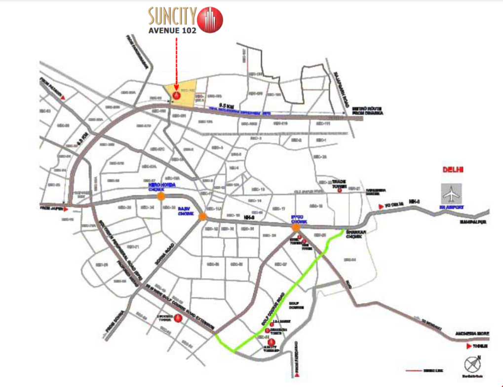 Suncity Avenue 102 Gurgaon location map